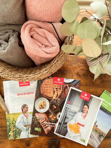 a table with a basket filled with pictures and magazines at Vintage tent at the Lovsin Estate in Metlika