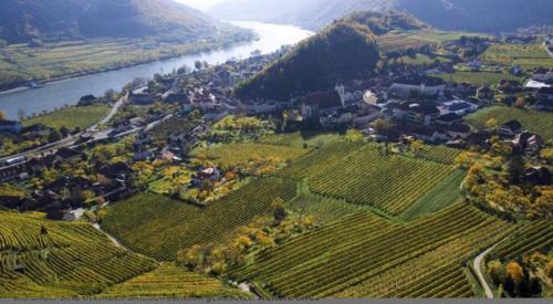 an aerial view of a village and a river at Pension Artstetten in Artstetten