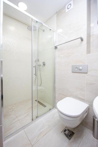 a bathroom with a toilet and a glass shower at Apartment Sofija in Budva