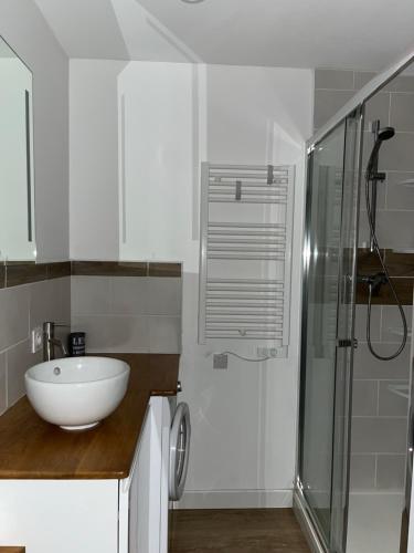 ein weißes Bad mit einem Waschbecken und einer Dusche in der Unterkunft Appartement Les Pieds dans l'eau in Collioure