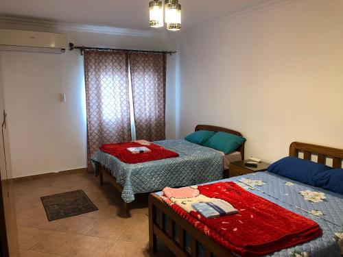 een slaapkamer met twee bedden met rode lakens en afkeer bij Three bedrooms apartment Nile view maadi in Caïro