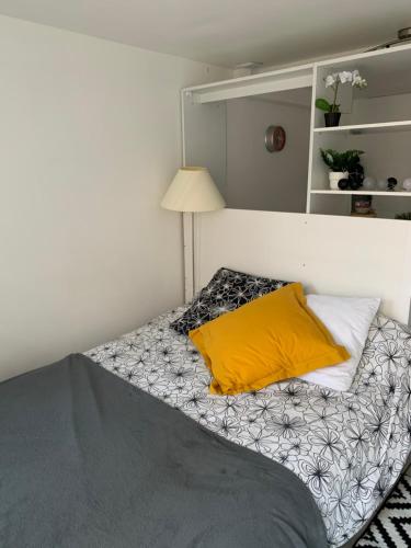 um quarto com uma cama com uma almofada amarela em le studio de Florent, centre Vaugneray em Vaugneray