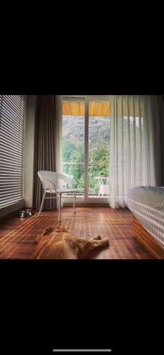 a bedroom with a bed and a chair and a window at Moksha Riverside Resort in Kasol