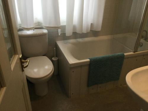 a bathroom with a toilet and a tub and a sink at Pretty Cottage in Central Lewes in Lewes