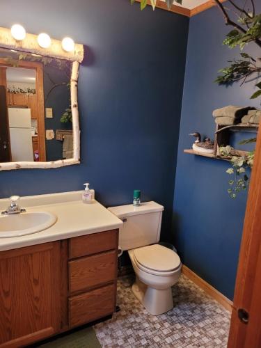 a blue bathroom with a toilet and a sink at Cable Townhome #3 condo in Cable