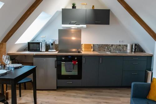 cocina con fregadero y encimera en Confortable T1bis rénové, au cœur d'un bourg calme, en La Chapelle-Neuve