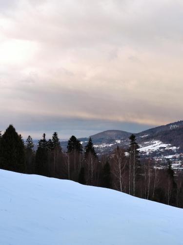 a snow covered hill with a city in the distance at Apartament Buczyna in Brenna