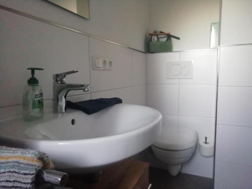 ベルヒテスガーデンにあるBergZeit Apartmentの白いバスルーム(洗面台、トイレ付)