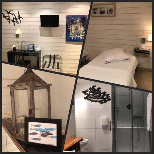 un collage de trois photos d'une chambre avec un lit dans l'établissement Hôtel Restaurant de Londres, à Saint-Just-en-Chevalet