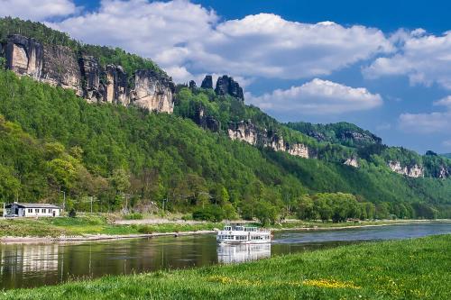 a boat on a river in front of a mountain at Ferienwohnungen Elbjuwel in Rathen