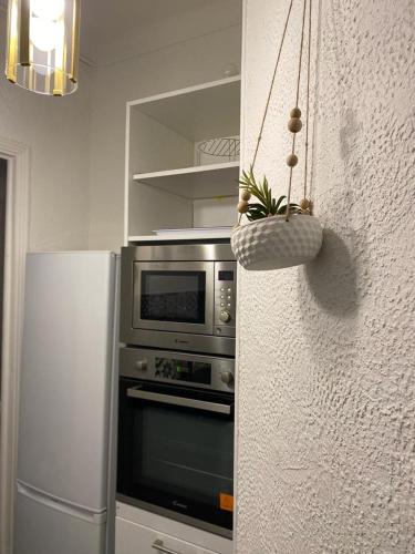 La cuisine est équipée d'un four micro-ondes et d'un réfrigérateur. dans l'établissement Appartement Bellarosa, à Cannes