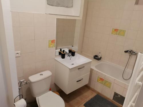 une salle de bain avec toilettes, lavabo et baignoire dans l'établissement Le Belfort 1 Studio lumineux quartier historique les halles, à Narbonne