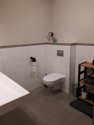 a bathroom with a white toilet in a room at Pension in der Alten Mälzerei in Angermünde