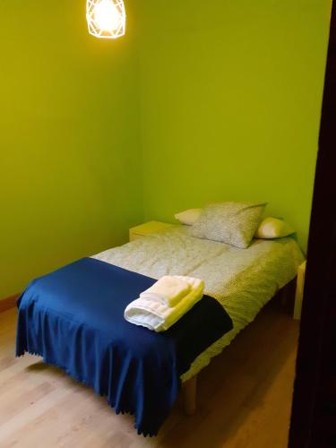 Habitación verde con cama con manta azul en Praia da Borna 1ºB, en Pontevedra