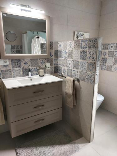 La salle de bains est pourvue d'un lavabo, d'un miroir et de toilettes. dans l'établissement B&B Buena Vista, à Alhaurín el Grande