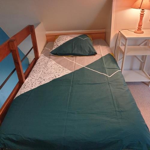 a bed with a green comforter on it in a room at GITE MAEN ROCH in Val Couesnon