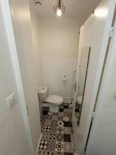 La salle de bains blanche est pourvue de toilettes et d'un miroir. dans l'établissement Studio confort proche cure et port de plaisance, à Rochefort