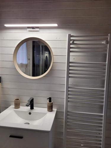 ein Bad mit einem Waschbecken und einem Spiegel in der Unterkunft Chalet 31 in Saint-André-dʼHébertot