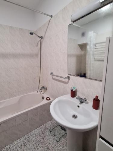 a bathroom with a sink and a tub and a mirror at Scenic Comfort D in Ponta Delgada