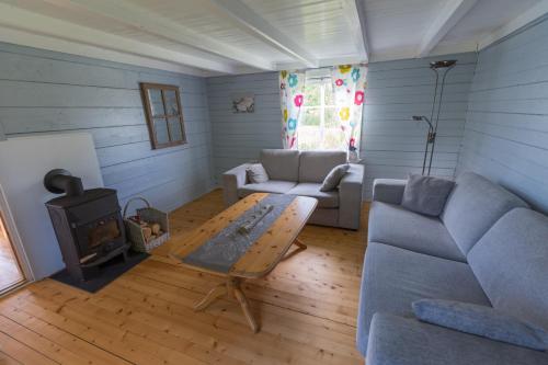 a living room with a couch and a wood stove at Cozy cabin with stunning view in Alstad