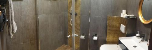 a bathroom with a shower and a toilet and a sink at Hotel Glockengasse in Cologne