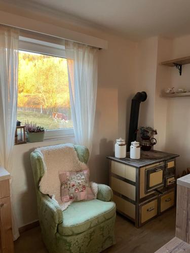 a living room with a chair and a window at Chata Studnička Šumiac in Šumiac