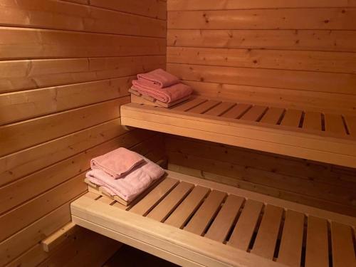 Trun的住宿－Casa Job - Gasthaus - Sauna, Whirlpool - Trun，一间设有两张双层床的桑拿浴室