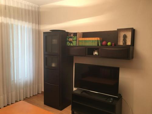 una sala de estar con TV y un estante sobre una chimenea en Apartamento Gijon Playa, en Gijón