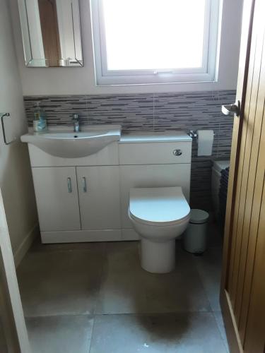 a bathroom with a toilet and a sink and a window at Snoozefrome in Frome