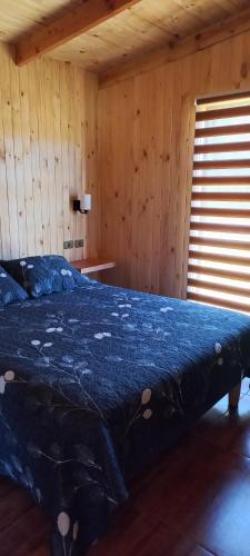 a bedroom with a bed in a wooden room at Paraíso Liumalla Lodge in Villarrica