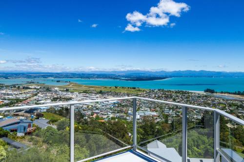 an aerial view of a city and a body of water at Tasman Bay Villa in Nelson