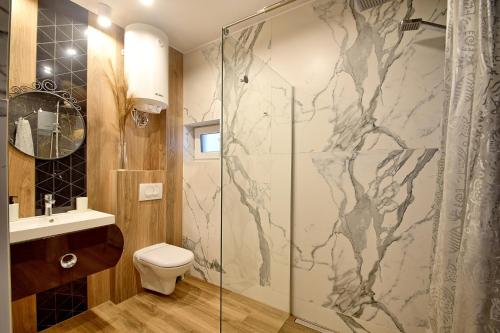 a bathroom with a shower and a toilet at Morski Zakątek Apartamenty in Rowy