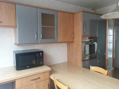 une cuisine avec un comptoir avec un micro-ondes dans l'établissement Mulhouse,Grand appart cosy&lumineux, 78m2 , pour 5 personnes, à Mulhouse