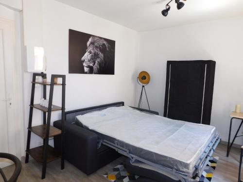 - une chambre avec un lit et une photo d'un lion dans l'établissement Appartement tout équipé à 15 min des plages, à Béziers