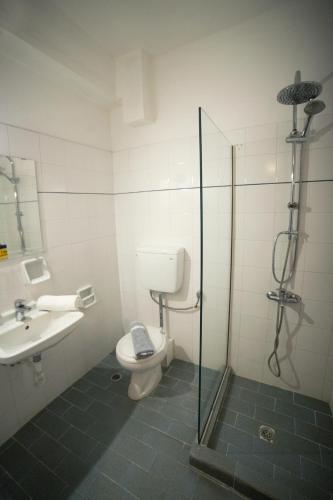 a bathroom with a toilet and a sink and a shower at Κastro Ηotel in Agios Kirykos