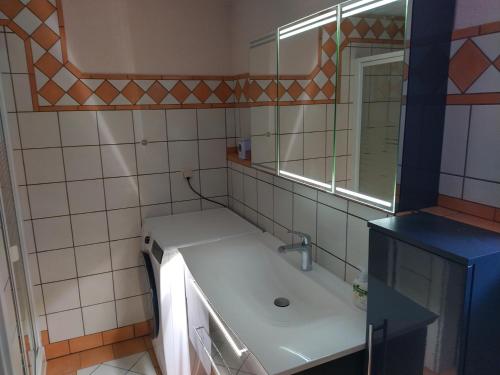 Gernrode - Harz的住宿－Ferienhaus Gero，一间带水槽和镜子的浴室