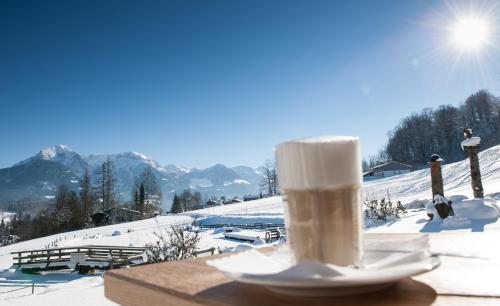 a plate of food sitting on a table in the snow at Naturhotel Reissenlehen in Bischofswiesen