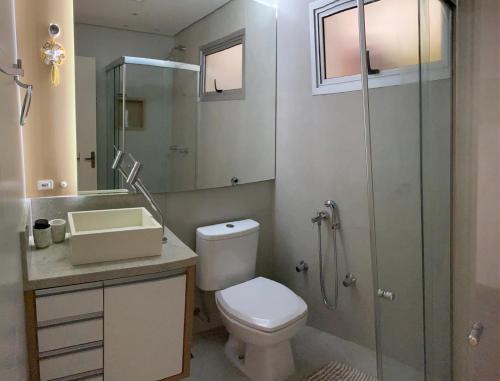 a bathroom with a shower and a toilet and a sink at Apto aconchegante 100m Shopping Beiramar in Florianópolis