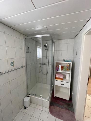 a bathroom with a shower with a glass shower stall at Schöne Ferienwohnung in ruhiger Lage in Tuningen