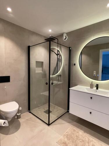 a bathroom with a shower and a toilet and a sink at Hytte på Sørlandet - Søgne in Søgne