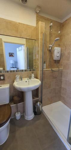 a bathroom with a sink and a shower and a toilet at Fleurie Guest House in Torquay