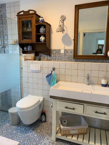 a bathroom with a toilet and a sink and a mirror at Kleines, feines Domizil - 500m von der Strandpromenade in Dahme