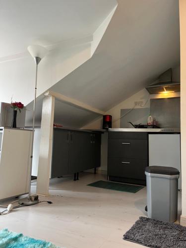 una cucina con armadi neri e soffitto bianco di Studio-Meublé HyperCentre a Poissy