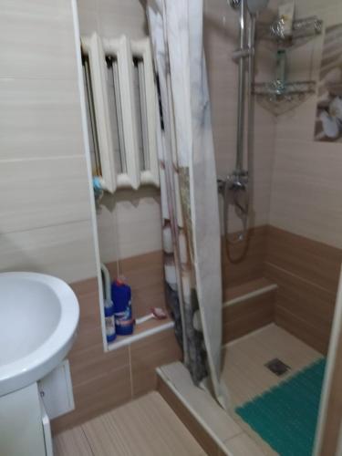a small bathroom with a shower and a sink at Syimyk Guest House in Dzhergalan