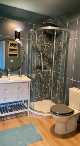 une salle de bain avec une douche avec des toilettes et un lavabo dans l'établissement Le Garden Studio avec terrasse et parking centre ville, à Rouen