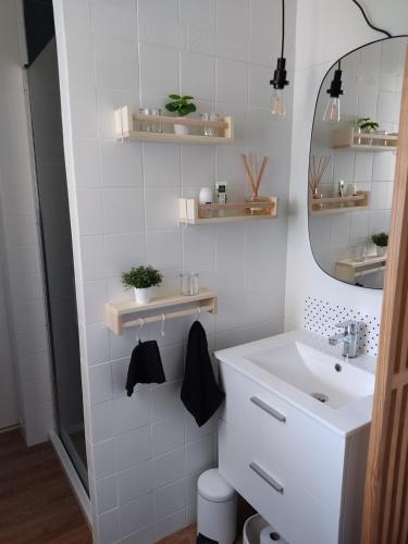 ein weißes Badezimmer mit einem Waschbecken und einem Spiegel in der Unterkunft Le coin des Sables in Les Sables-dʼOlonne