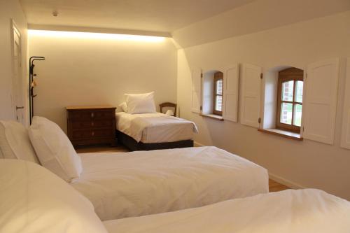 a bedroom with two beds and two windows at Hoeve Luitenant Halleux in Linter
