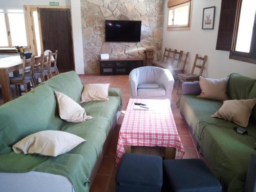 sala de estar con 2 sofás verdes y TV en Casa Rural A Ritmo De Burro en Robledondo