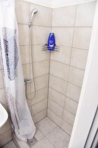 a shower with a blue bottle on a shelf at Apartmani Koko in Banja Luka