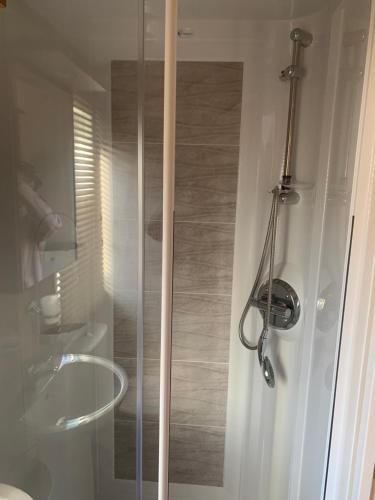 une douche avec une porte en verre à côté d'un lavabo dans l'établissement HG Holiday Home with indoor heated pool and close to the beach, à St Austell